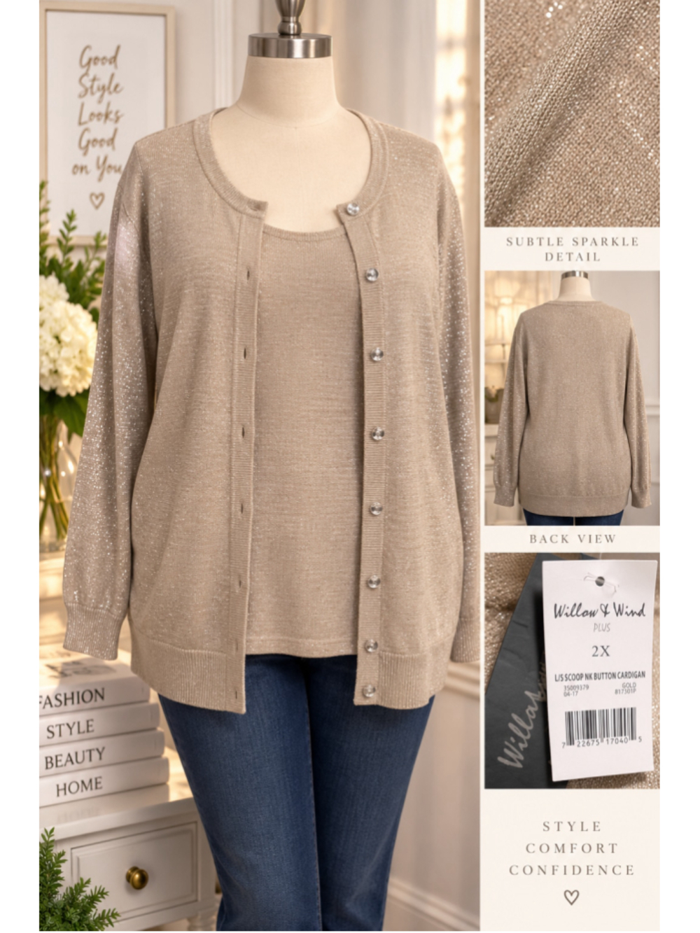 Willow & Wind Plus Gold Metallic Shimmer Jewel Button Cardigan NWT 2X